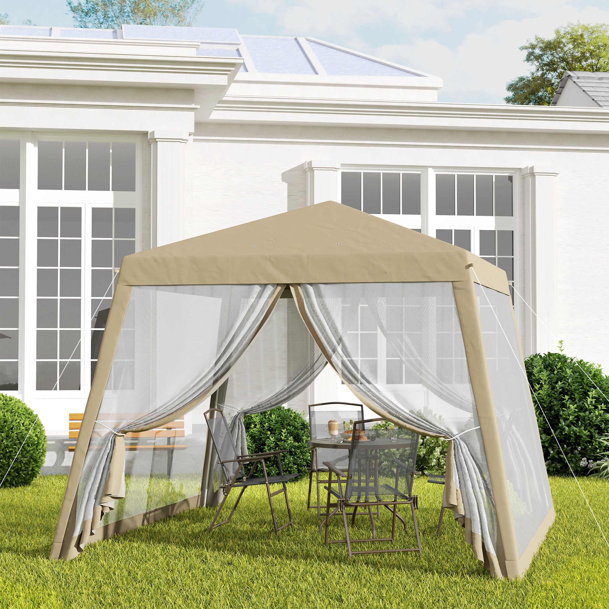 Outsunny 10x10ft Party Tent Canopy with Netting, Patio Screen House Slant Leg Outdoor Gazebo Sun Shade Shelter, Khaki