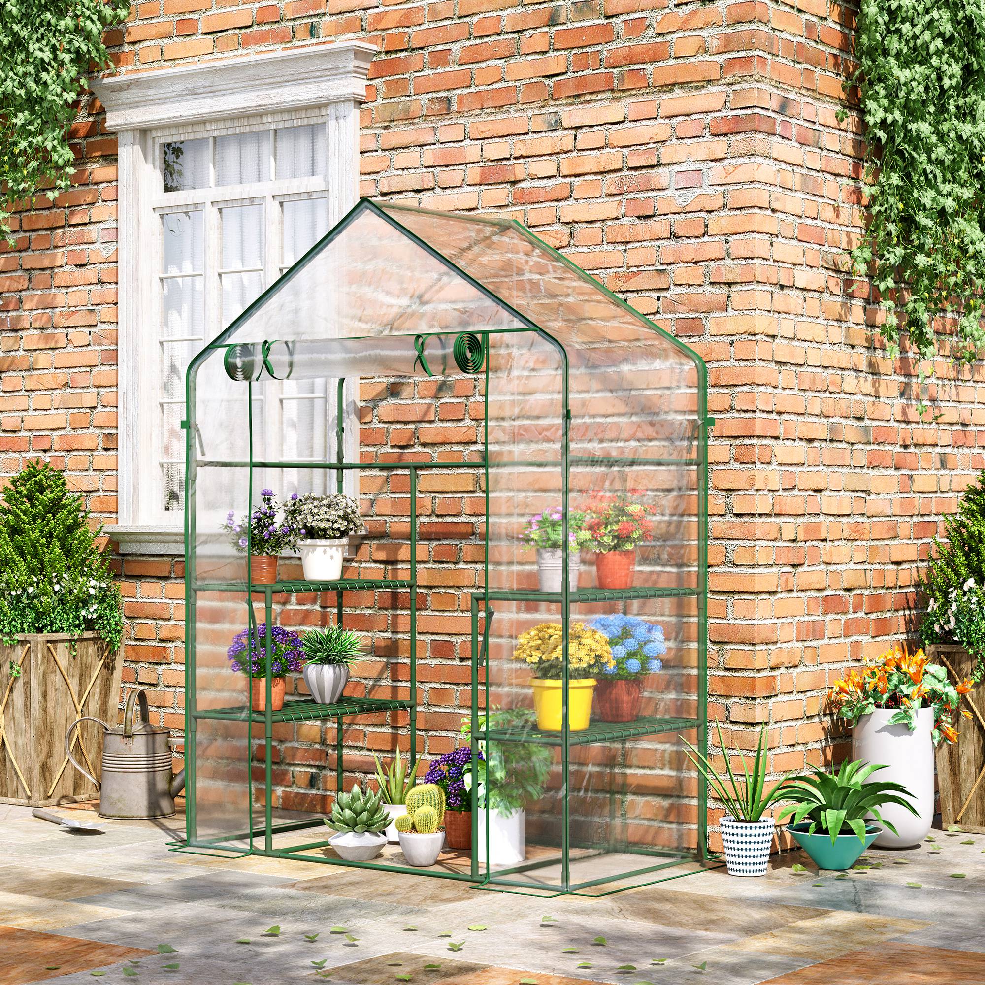 Outsunny Greenhouse Getaway: 56" x 29" x 77" Mini Walk-in Greenhouse with 4 Shelves, Roll-Up Door, Weather Cover, Clear