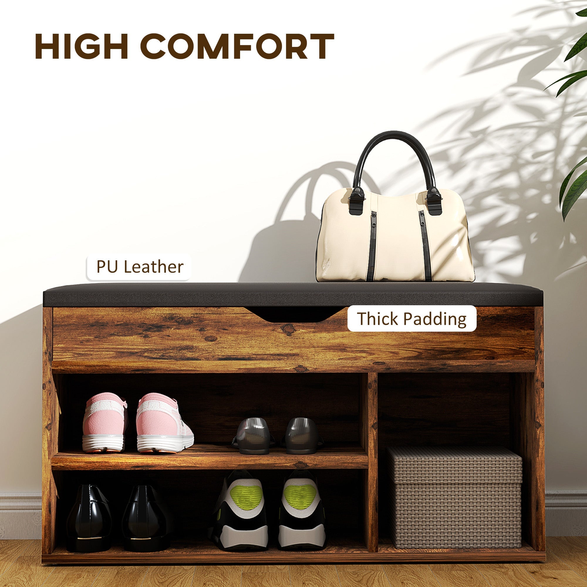 HOMCOM Shoe Bench Entryway Storage Rack with Padded Cushion, Hidden Storage for Hallway, Living Room, Rustic Brown