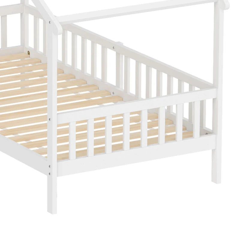 Twin House Bed Frame with Roof, Solid Wood Montessori-Style Kids Bed with Guardrails – White