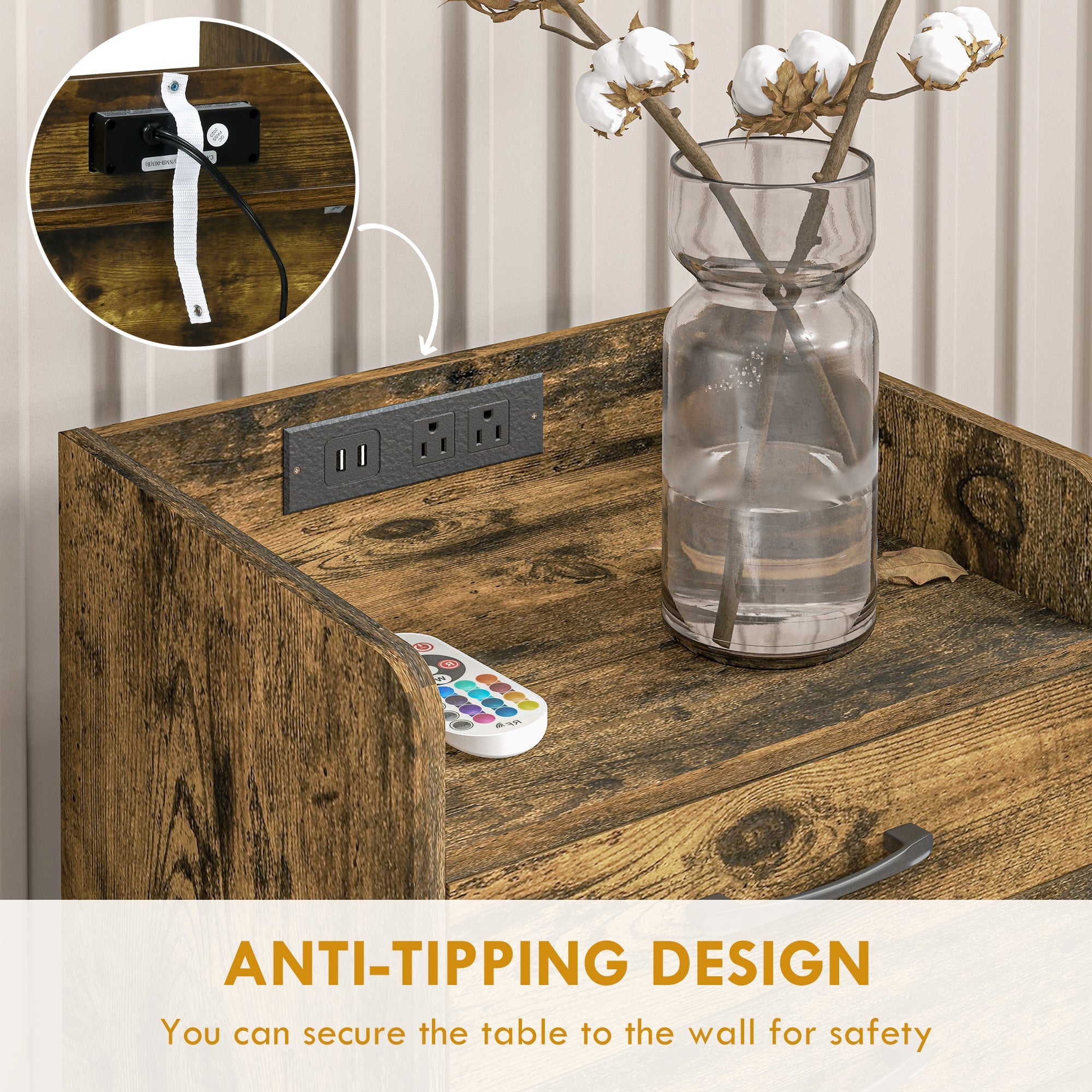 HOMCOM Charging Nightstand Oasis: Brown Rustic Bedroom Furniture with LED Lights, AC Outlets, USB Ports, 2 Drawers & Shelf