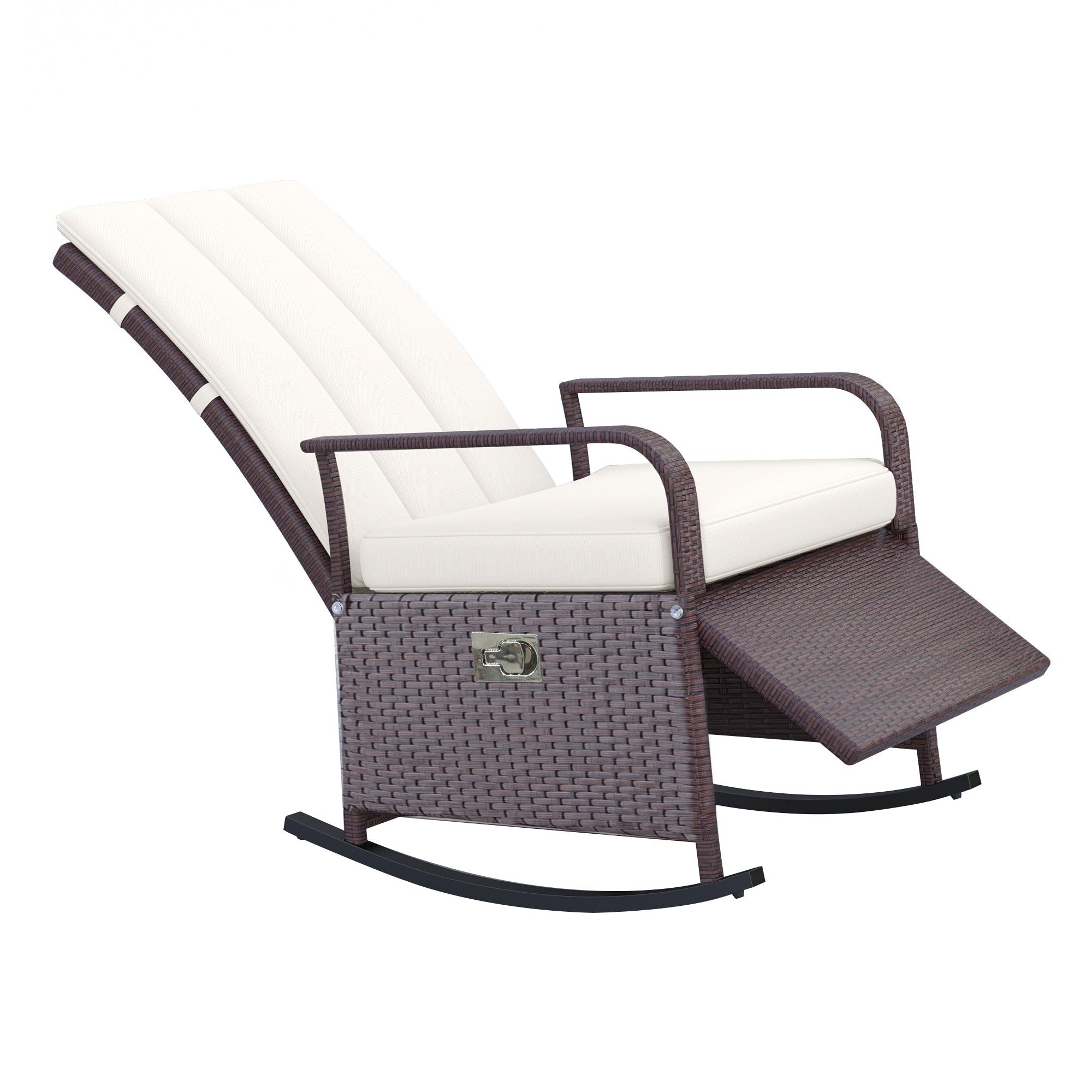 Outsunny Wicker Rocking Chair Outdoor with Cushion PE Rattan Recliner Adjustable Footrest Cream White