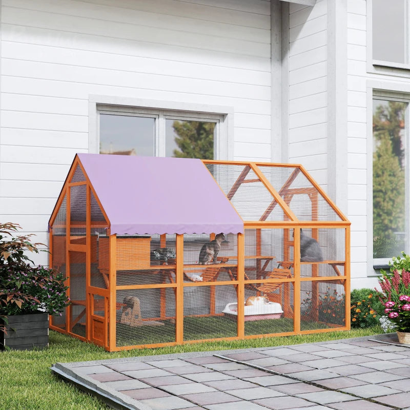 Outdoor Cat Enclosure Wooden Feral Cat House w/ Weatherproof Canopy, Bridges, Resting Boxes, Platforms, for 3-6 Cats
