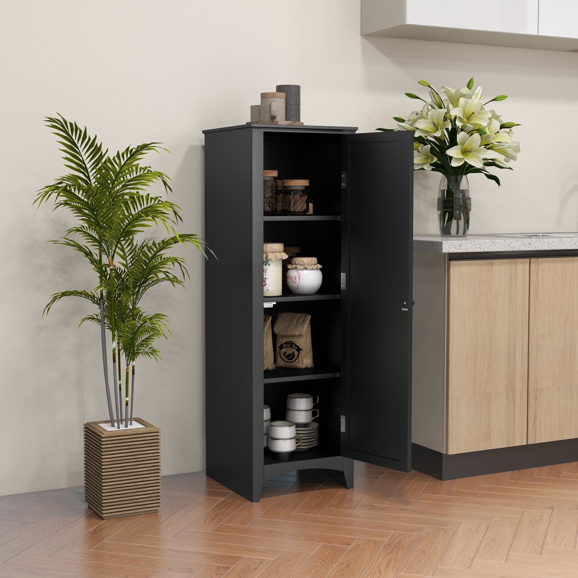 HOMCOM Black 48" Single Door Kitchen Pantry: Cabinet with 4-Tier Shelving and Adjustable Shelves