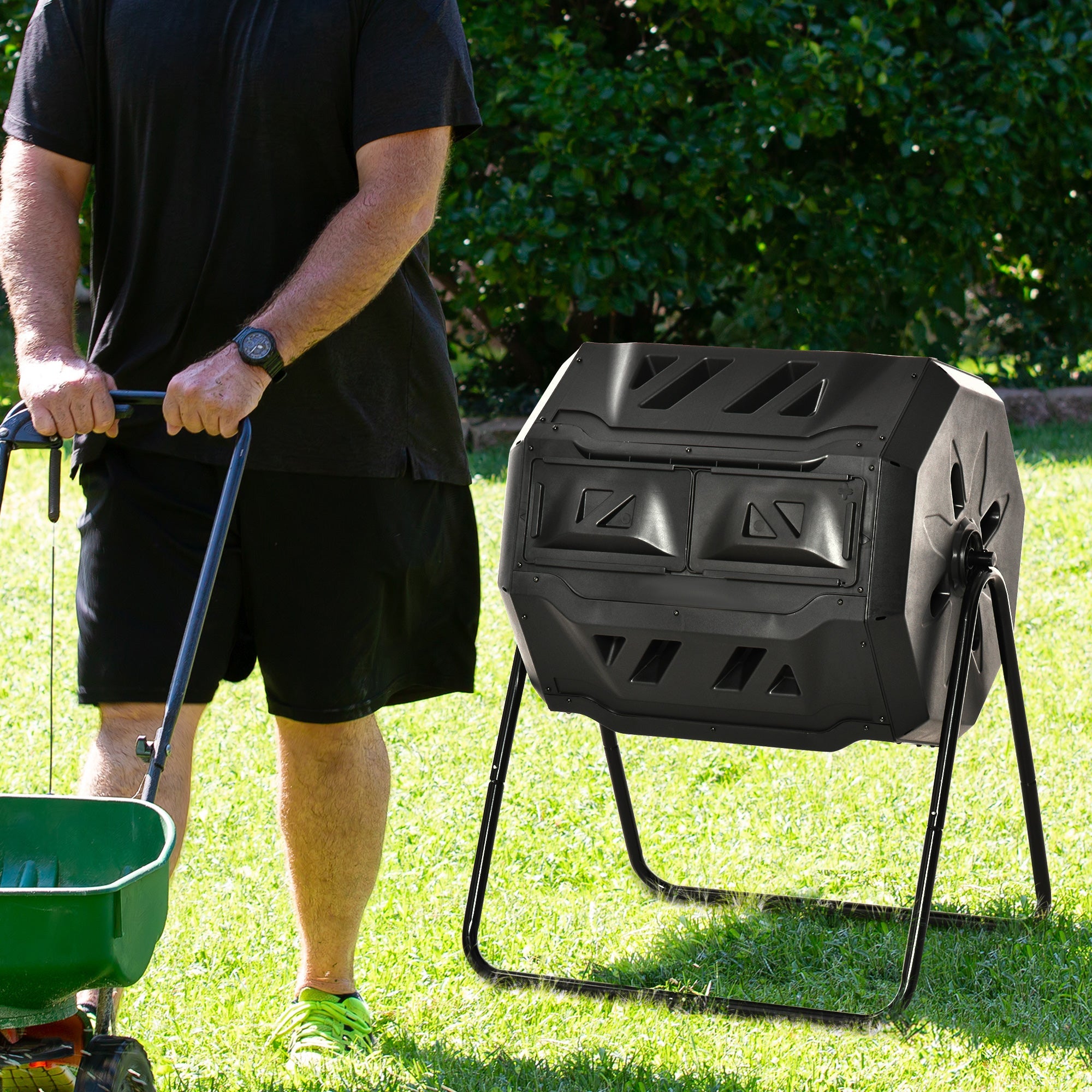 Outsunny Dual Chamber Tumbling Composter 360° Rotating 43 Gallon Outdoor Compost Bin w Sliding Doors Steel Frame Black