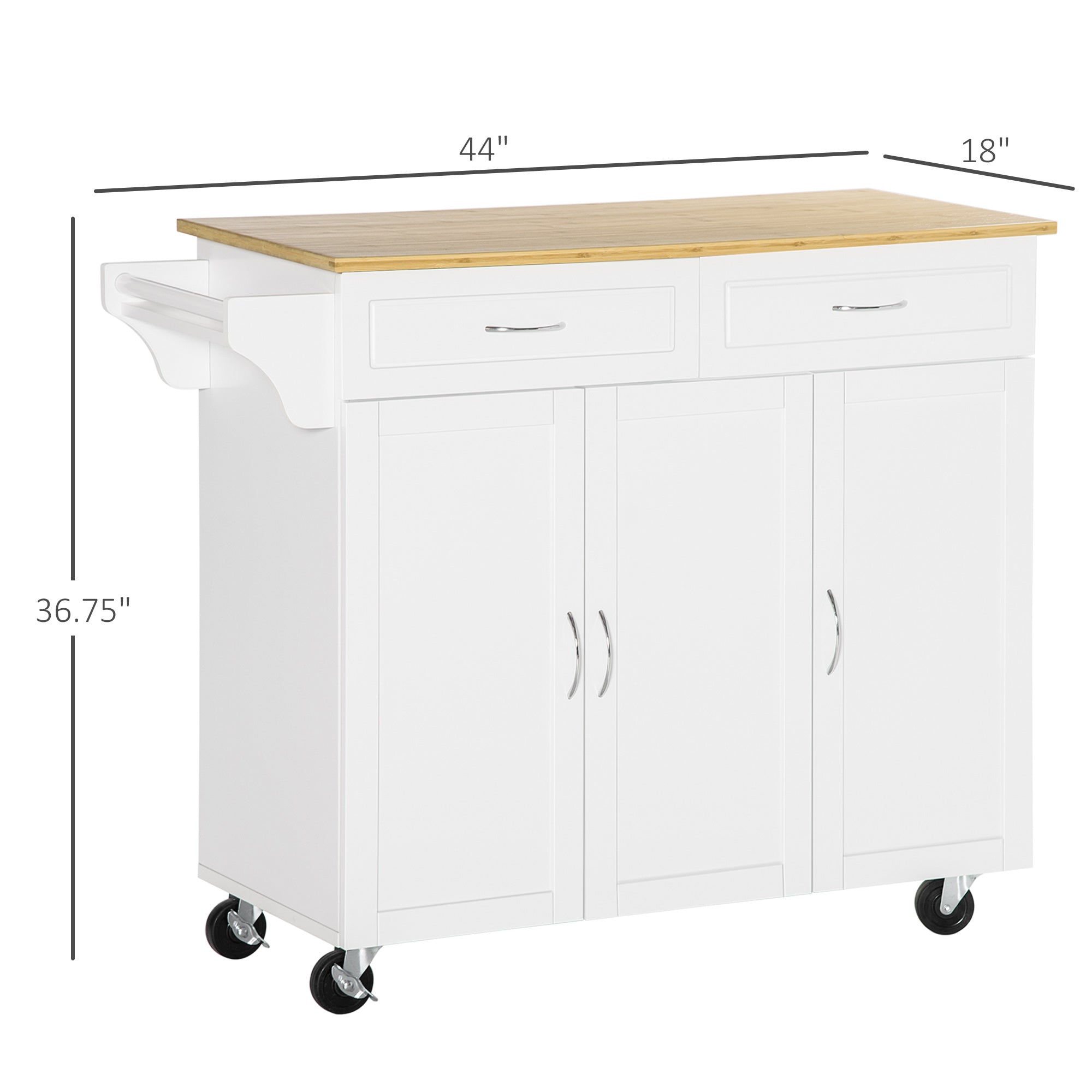 HOMCOM Rolling Kitchen Island: Large Bamboo Top, 2 Cabinets with Drawers & Adjustable Shelves, White