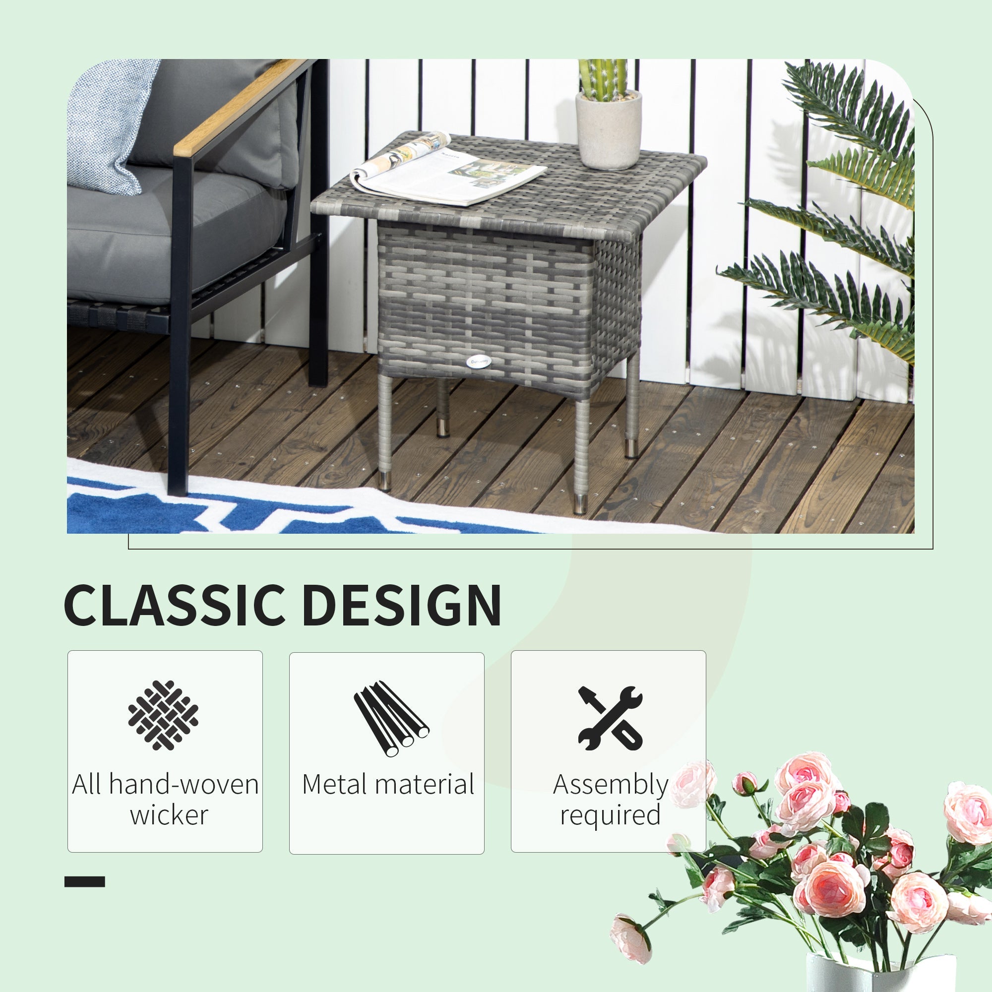 Outsunny Mixed Gray Rattan End Table Outdoor Coffee Table with Plastic Board Top for Balcony Patio Furniture