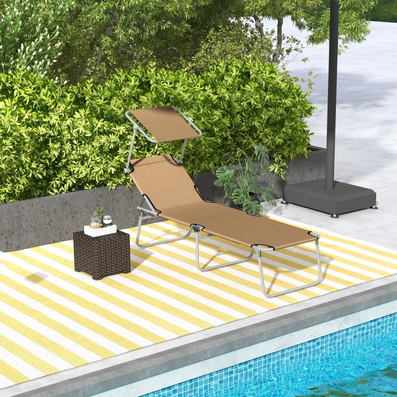 Outdoor Lounge Chair, Adjustable Folding Chaise Lounge with Sun Shade for Beach, Camping, Hiking, Brown