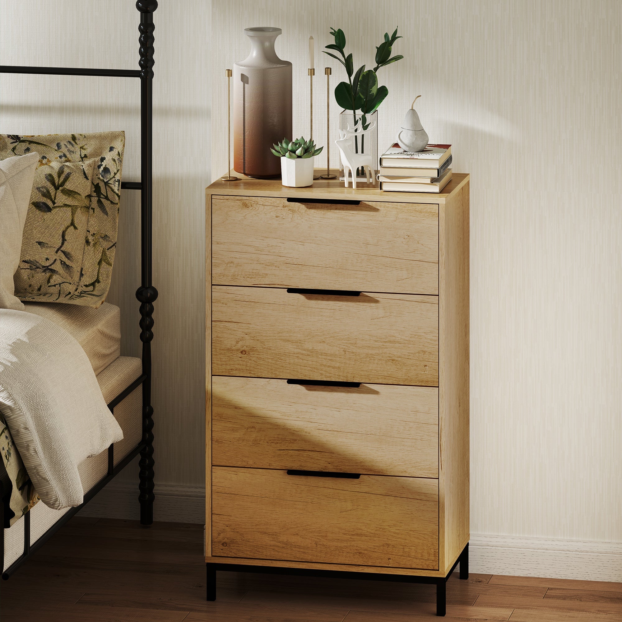 HOMCOM Dresser for Bedroom, 4 Drawer Dresser Tower, Chest of Drawers for Hallway, Entryway, Closet, Natural