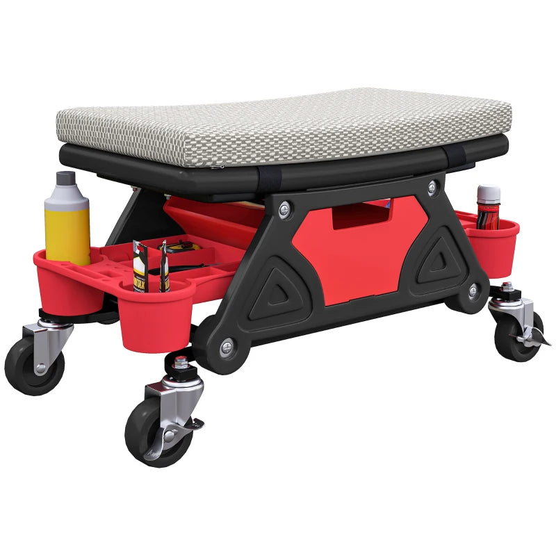 Rolling Garage Stool with Wheels, 300 LBS Capacity Padded Mechanic Stool with Tool Trays Storage, Grey