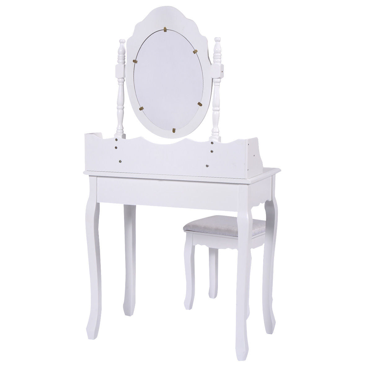 Vanity Table Set with Cushioned Stool with 360° Rotating Oval Mirror and Three Drawers-WhiteÂ