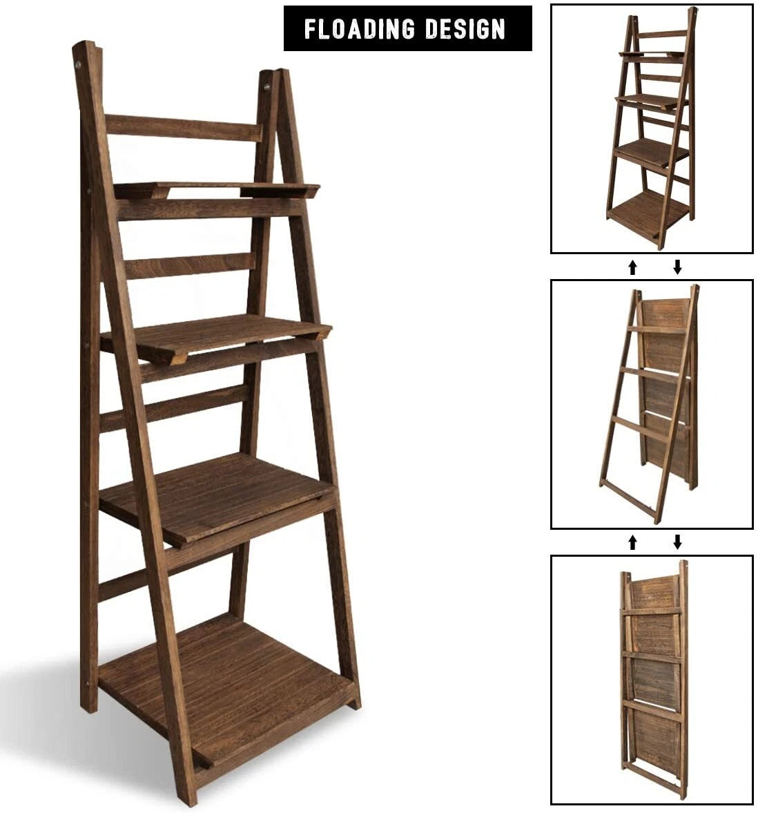 4-Tier Folding Plant Stand, Solid Wood Ladder Shelf Display Rack, Rustic Brown Plant Holder, Bookshelf & Decorative Storage Organizer