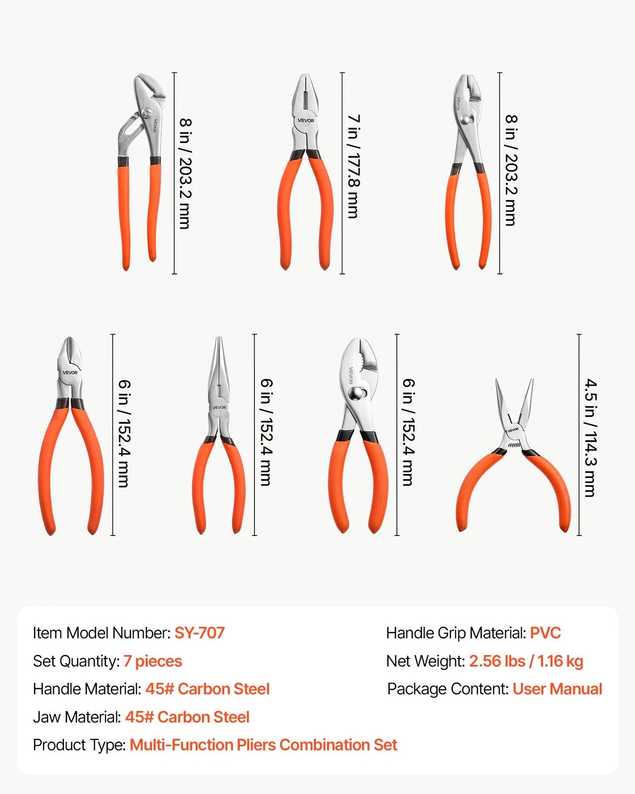 7-Piece Pliers Set, Utility Hand Tool Set with Groove Joint, Combination, Diagonal, Slip Joint & Long Nose Pliers