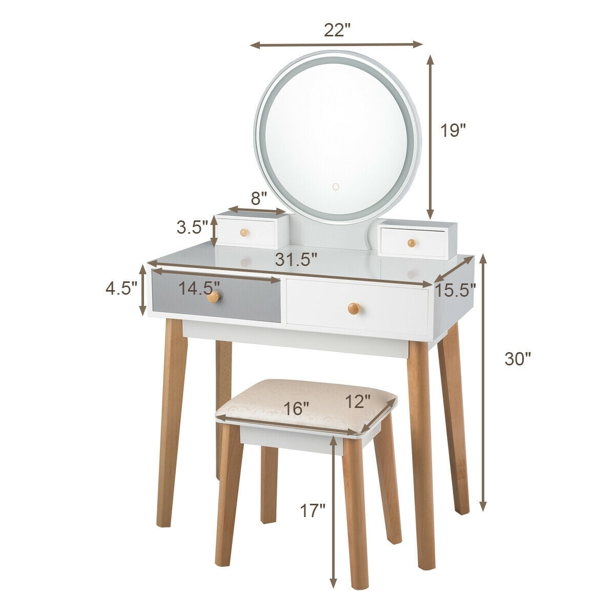 Makeup Dressing Table with 4 Drawers and Lighted Mirror-WhiteÂ
