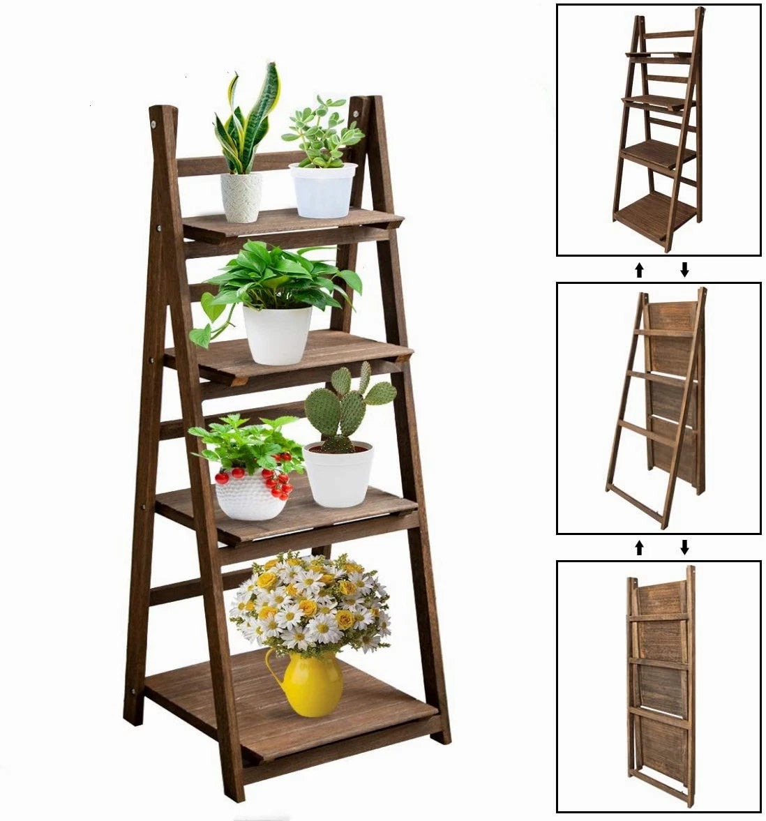 4-Tier Foldable Wooden Plant Stand, Indoor & Outdoor Flower Shelf Display Rack, Multi-Level Storage Organizer, Natural Wood Finish