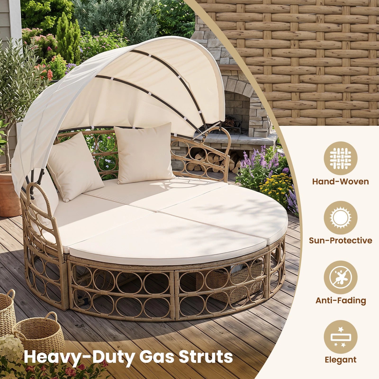 Outdoor Patio Daybed with Retractable Canopy & Cushions – Round Sectional Wicker Lounge