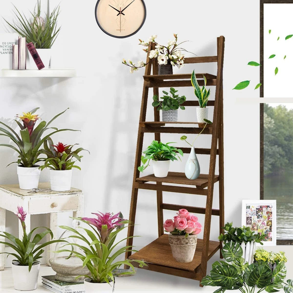 4-Tier Folding Plant Stand, Solid Wood Ladder Shelf Display Rack, Rustic Brown Plant Holder, Bookshelf & Decorative Storage Organizer