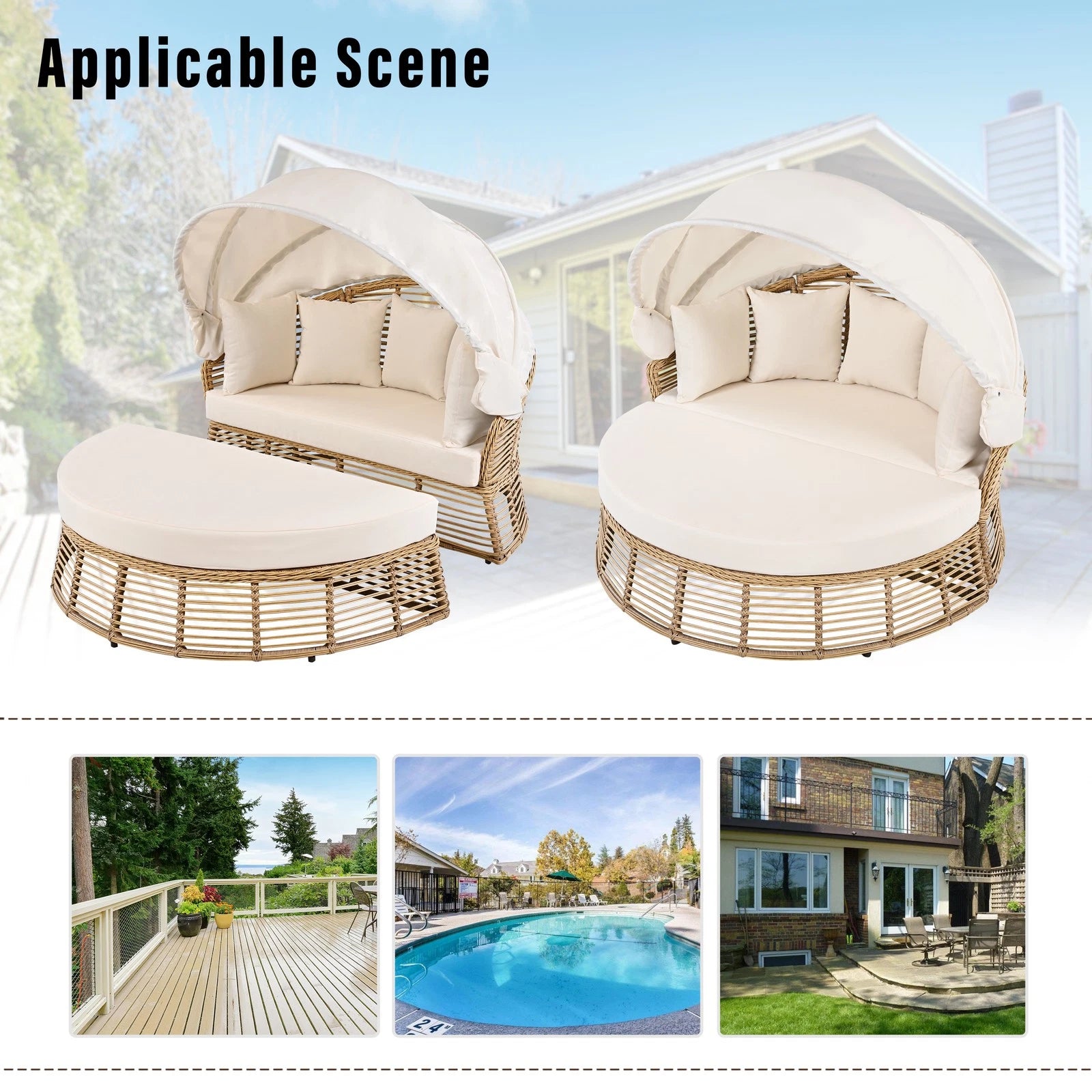Outdoor Patio Rattan Round Daybed with Retractable Canopy & Cushions