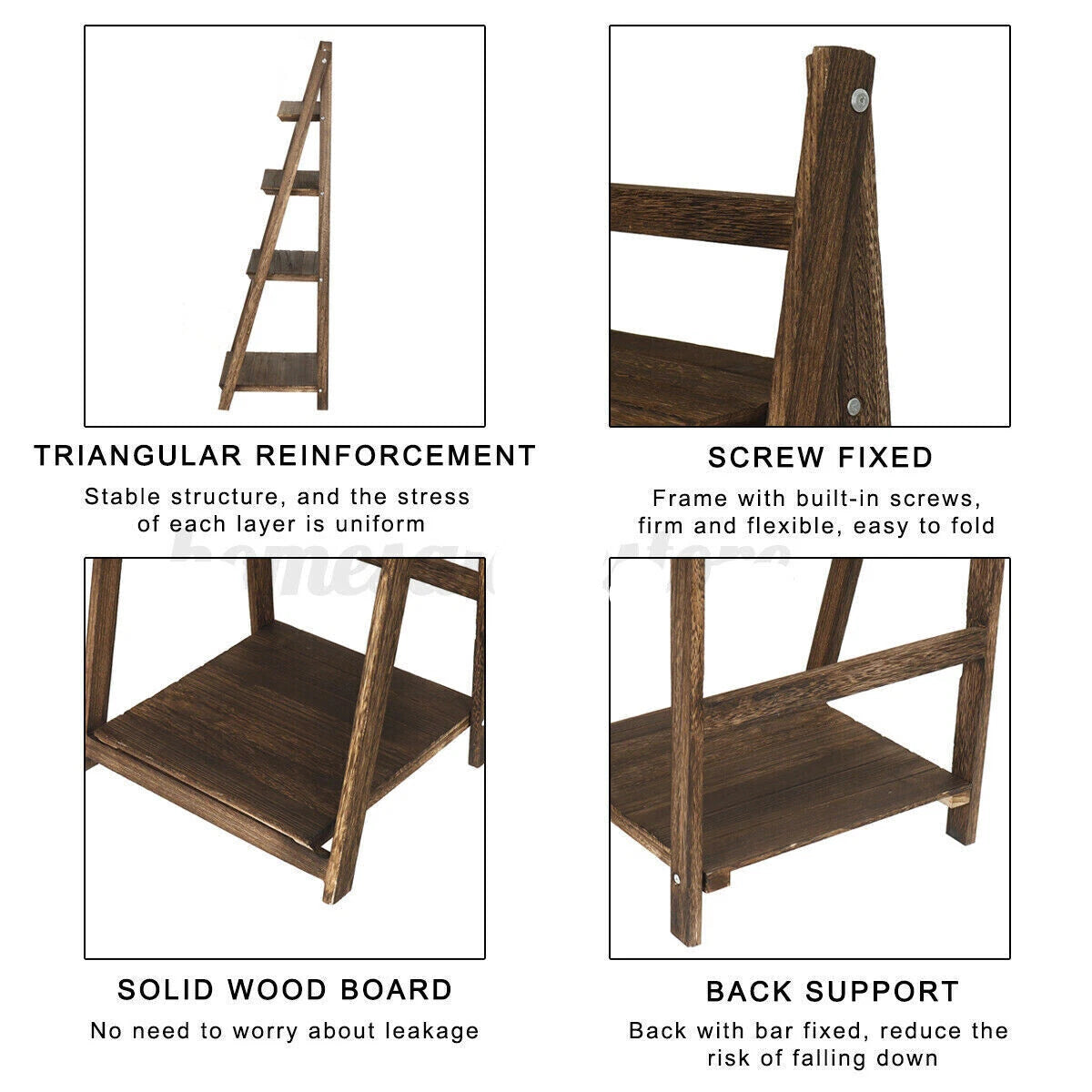 4-Tier Folding Plant Stand, Solid Wood Ladder Shelf Display Rack, Rustic Brown Plant Holder, Bookshelf & Decorative Storage Organizer