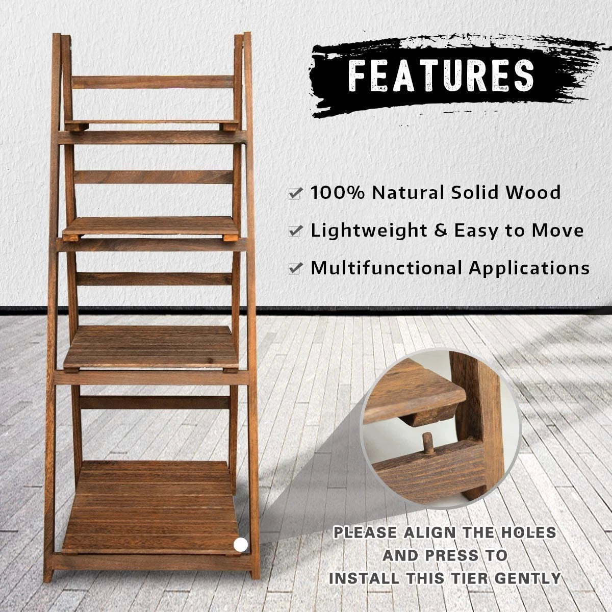 4-Tier Folding Plant Stand, Solid Wood Ladder Shelf Display Rack, Rustic Brown Plant Holder, Bookshelf & Decorative Storage Organizer