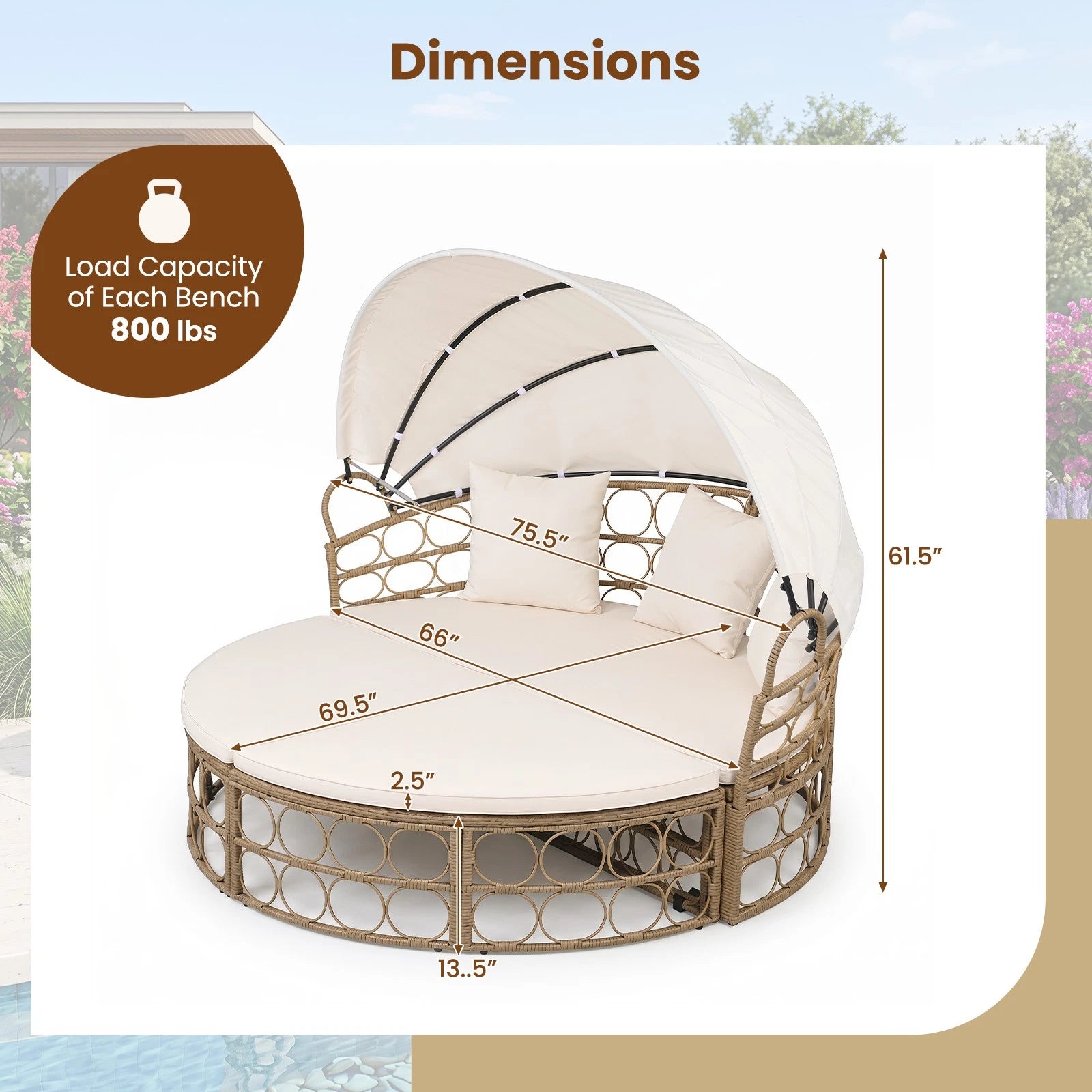 Outdoor Patio Daybed with Retractable Canopy & Cushions – Round Sectional Wicker Lounge