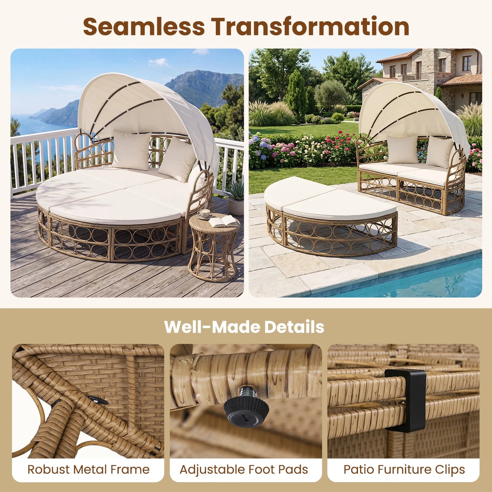 Outdoor Patio Daybed with Retractable Canopy & Cushions – Round Sectional Wicker Lounge