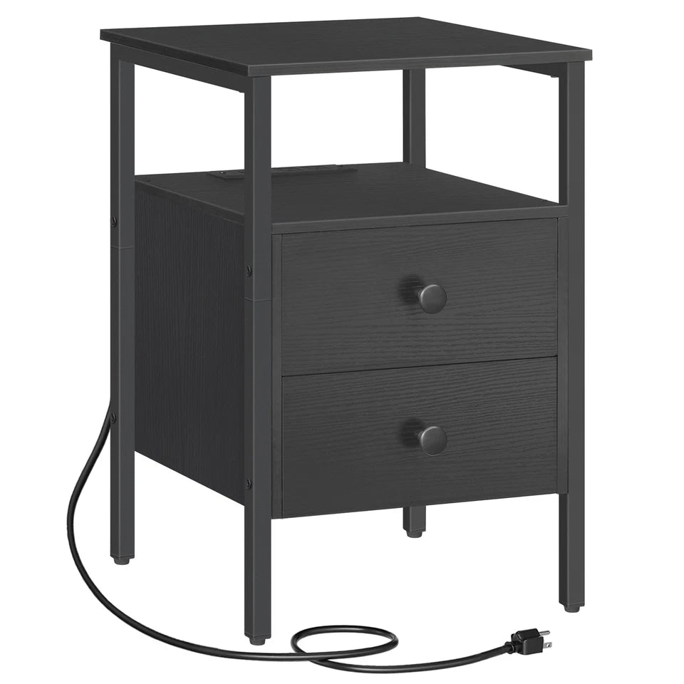 HOOBRO Nightstand with Charging Station, Industrial End Table & Side Table, Black BB431BZ01G2