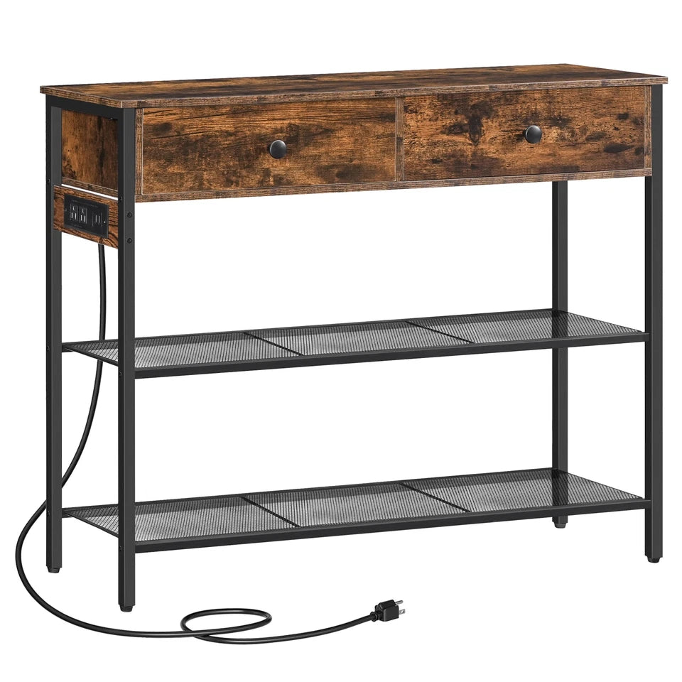 HOOBRO Console Table with Charging Station, Rustic Brown Entryway Sofa Table, BF29UXG01