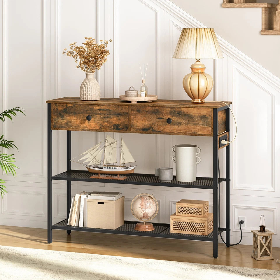 HOOBRO Console Table with Charging Station, Rustic Brown Entryway Sofa Table, BF29UXG01