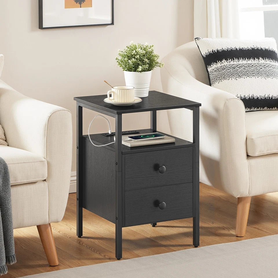 HOOBRO Nightstand with Charging Station, Industrial End Table & Side Table, Black BB431BZ01G2