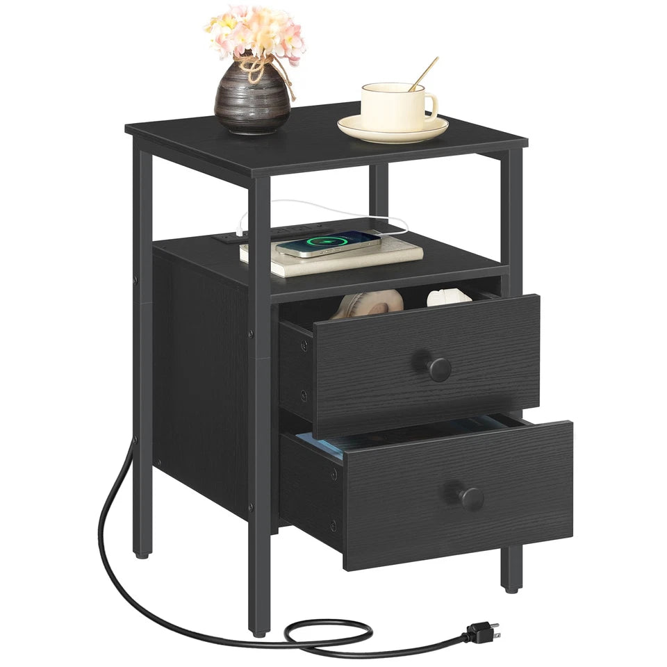 HOOBRO Nightstand with Charging Station, Industrial End Table & Side Table, Black BB431BZ01G2