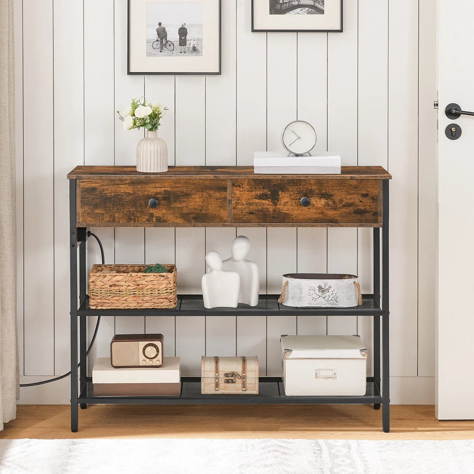 HOOBRO Console Table with Charging Station, Rustic Brown Entryway Sofa Table, BF29UXG01