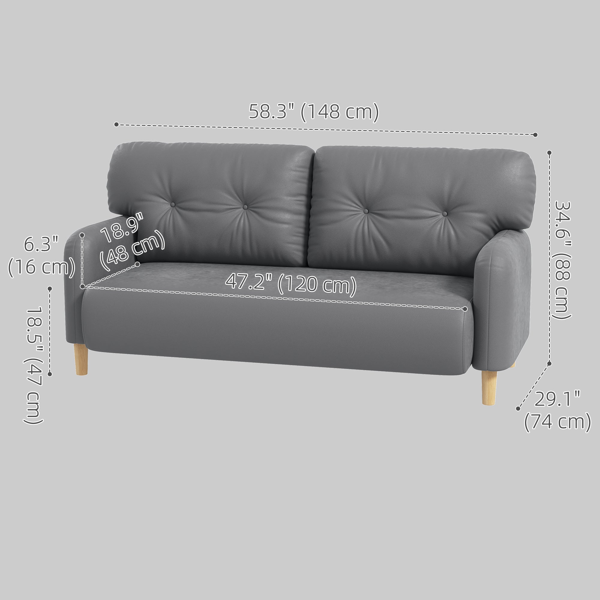 HOMCOM Loveseat Sofa 58" 2 Seat Modern Upholstered 2 Seater Couch Solid Wood Frame Grey Furniture
