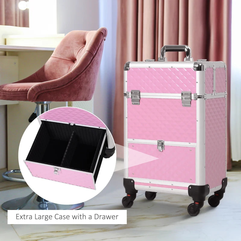 Portable Aluminum Makeup Train Cases, Rolling Makeup Case, Salon Beauty Cosmetic Jewelry Organizer Trolley with 4 Wheels, Pink