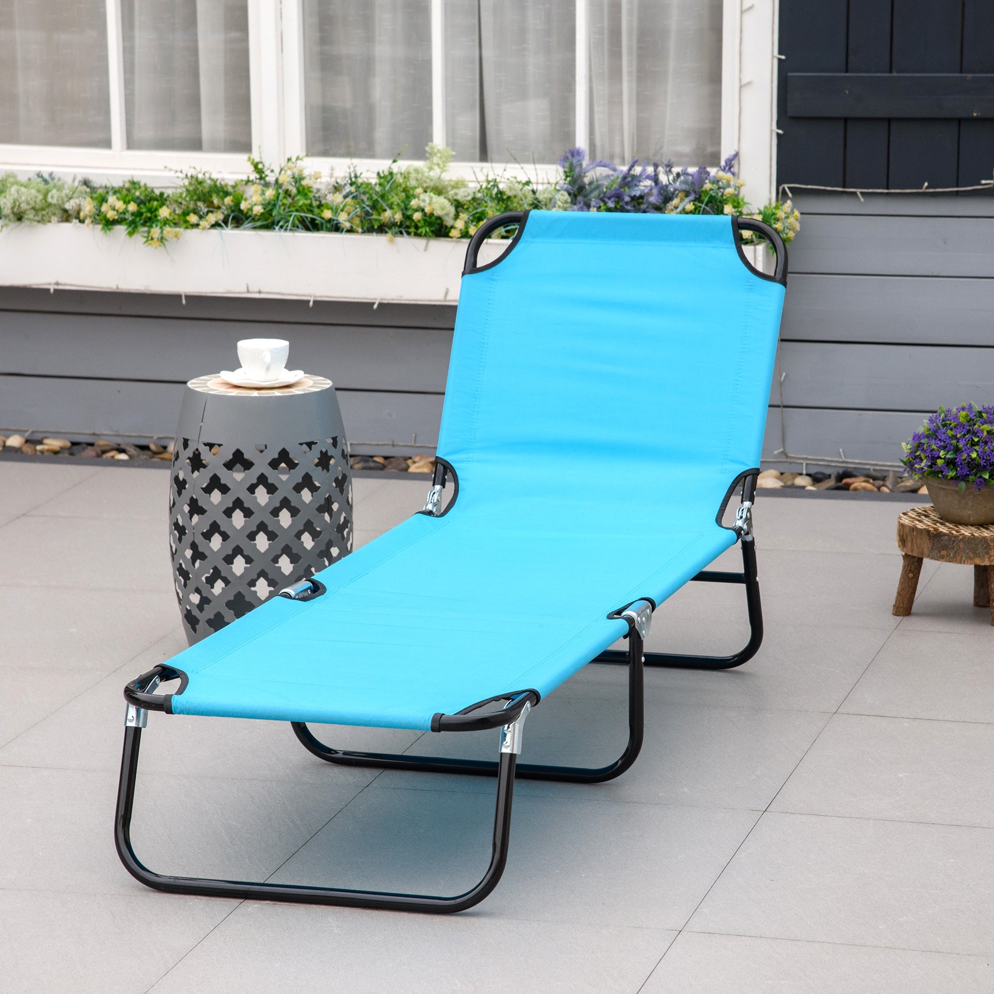 Outsunny Folding Lounge Chair Outdoor Steel Mesh Tanning Recliner with Adjustable Back for Beach Yard Patio Sky Blue