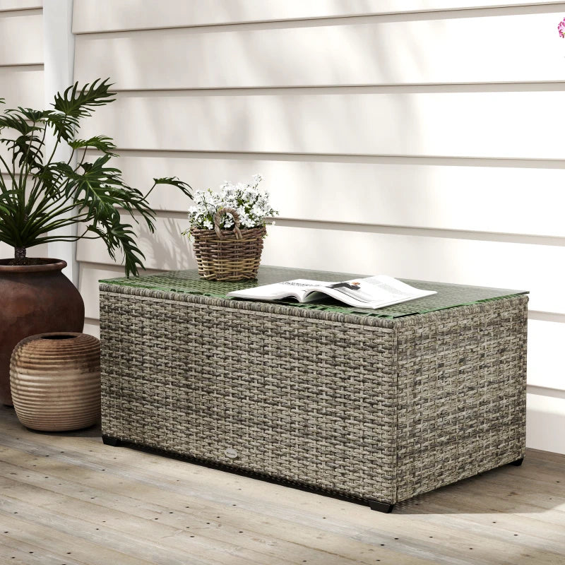 Wicker Outdoor Coffee Table, PE Wicker Rectangular Patio Table with Tempered Glass Top for Garden, Balcony, Dark Grey