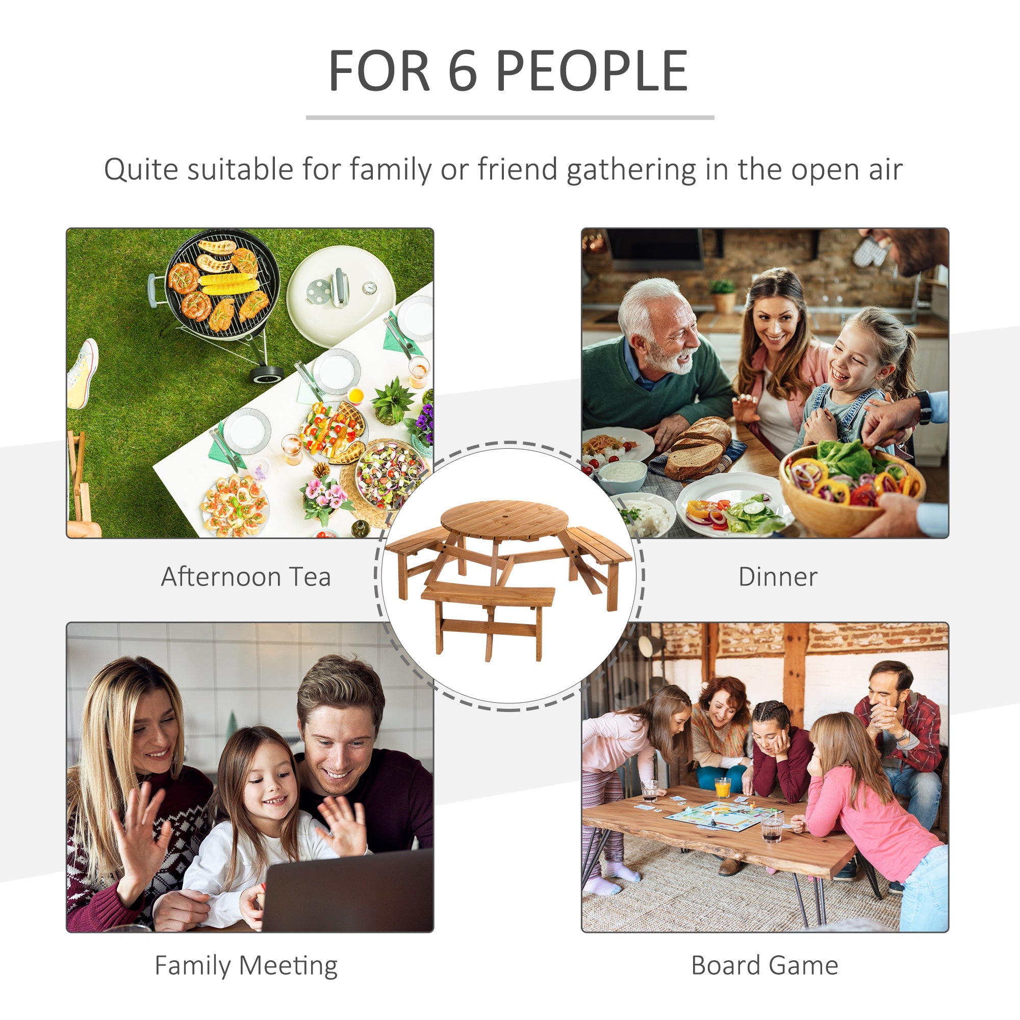 Outsunny Wood Patio 6 Person Round Picnic Table Bench Set with Umbrella Hole for Backyard Brown