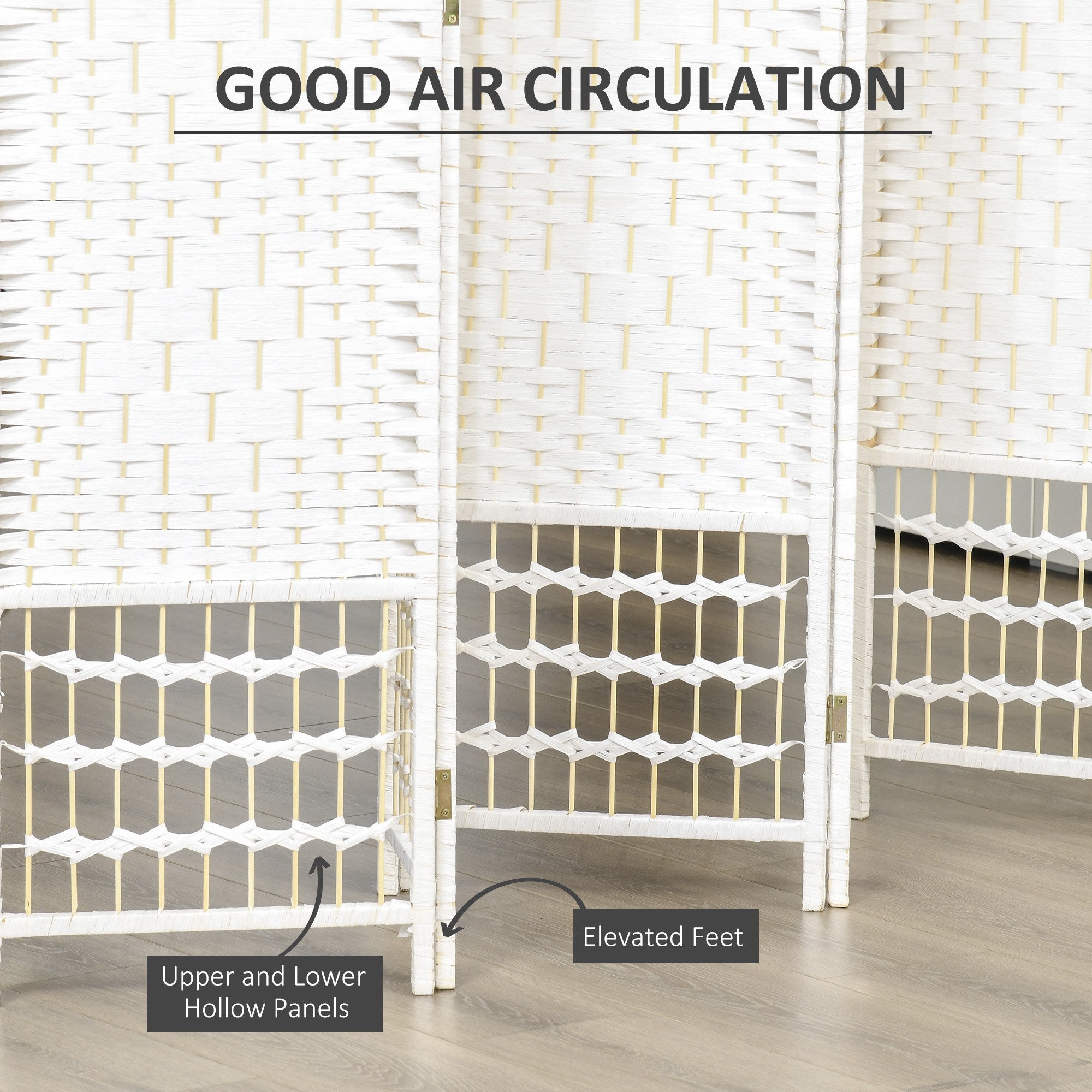 HOMCOM Woven Wonderland: 6-Panel 5.6FT Tall Freestanding Folding Screen, Woven Fiber Room Divider for Living Room, Bedroom, White