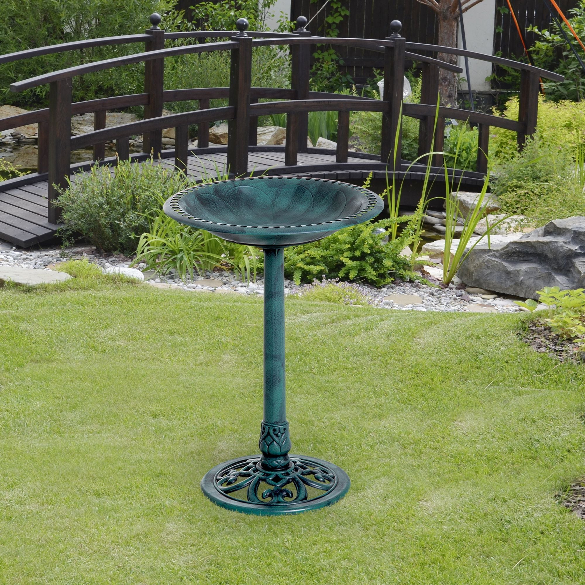 Outsunny 27'' Bird Bath with Fleur De Lis Design, Outdoor Resin Decor, Time-Worn Finish - Enhance Your Garden's Charm