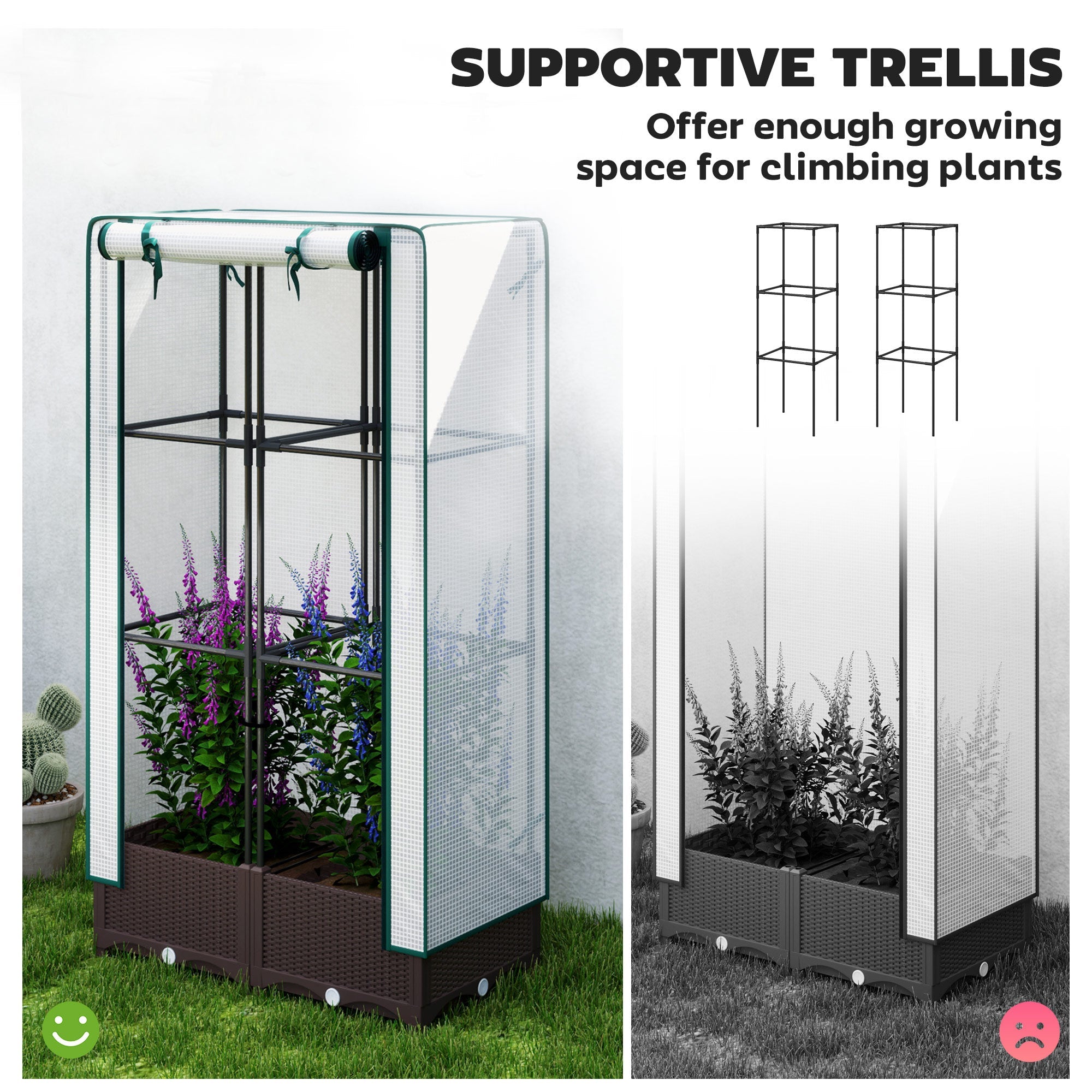 Outsunny Raised Garden Bed Kit with Trellis, Raised Flower Bed with PE Cover and Zipper Door, 31.5 x 15.7 x 48.8 inch, Brown