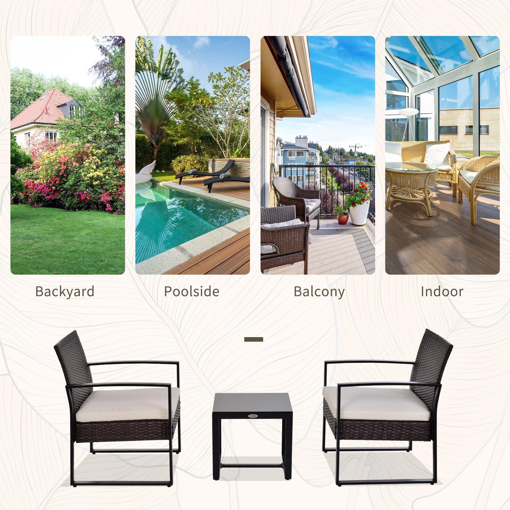 Outsunny 3PC Patio Bistro Set - Rattan Garden Furniture with Cushioned Chairs & Tea Table, Brown/White