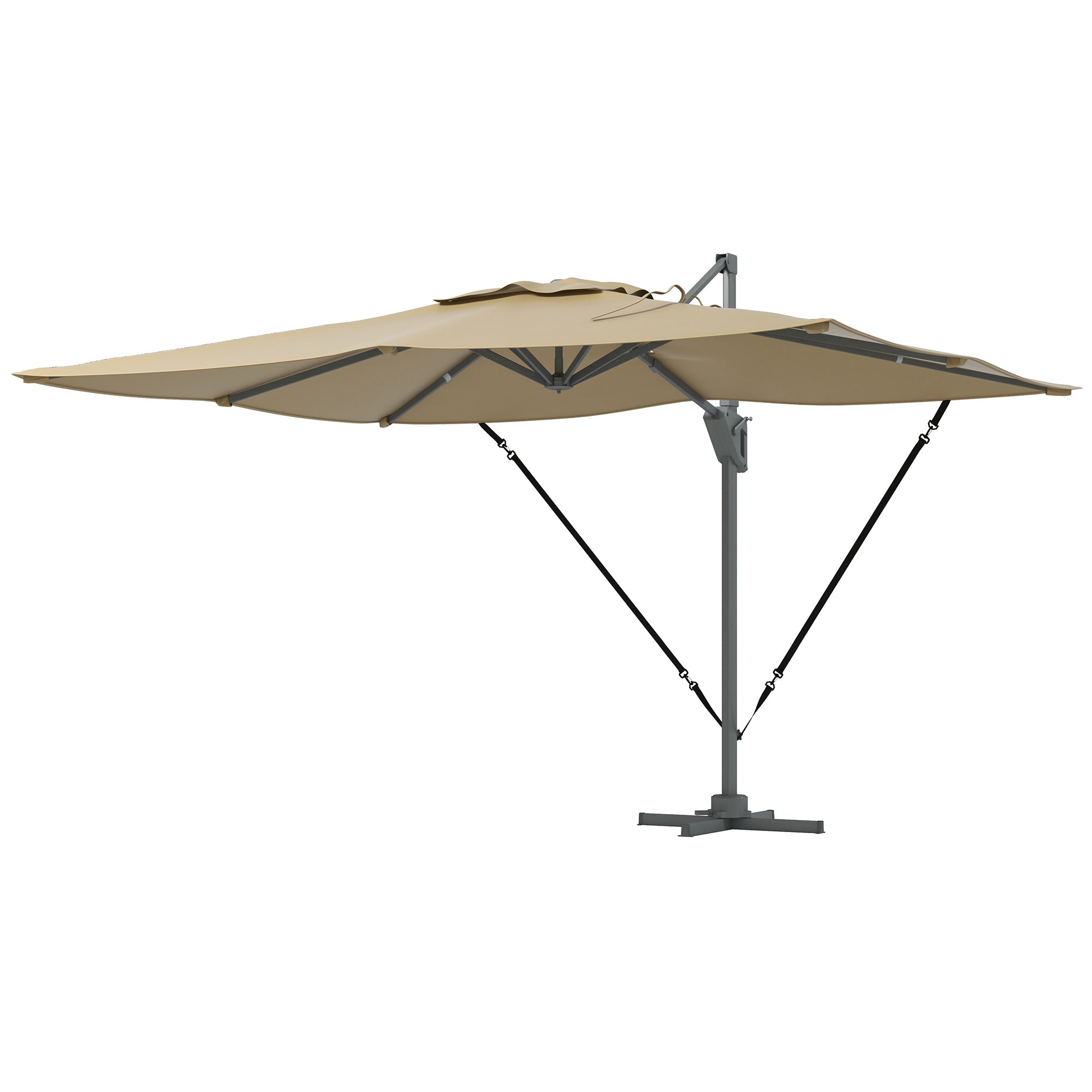 Outsunny 13 FT Cantilever Umbrella in Khaki - Aluminum, 360° Rotation, Crank, Tilt, with Cross Base