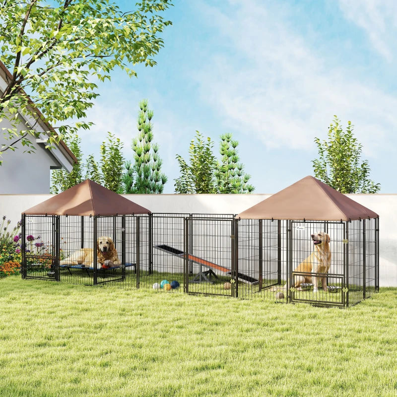 Outdoor Dog Kennel with 2 Rooms, Rotating & Adjustable Height Bowls, Waterproof UV-Resistant Cover, 16.2' x 4.7' x 5.1'