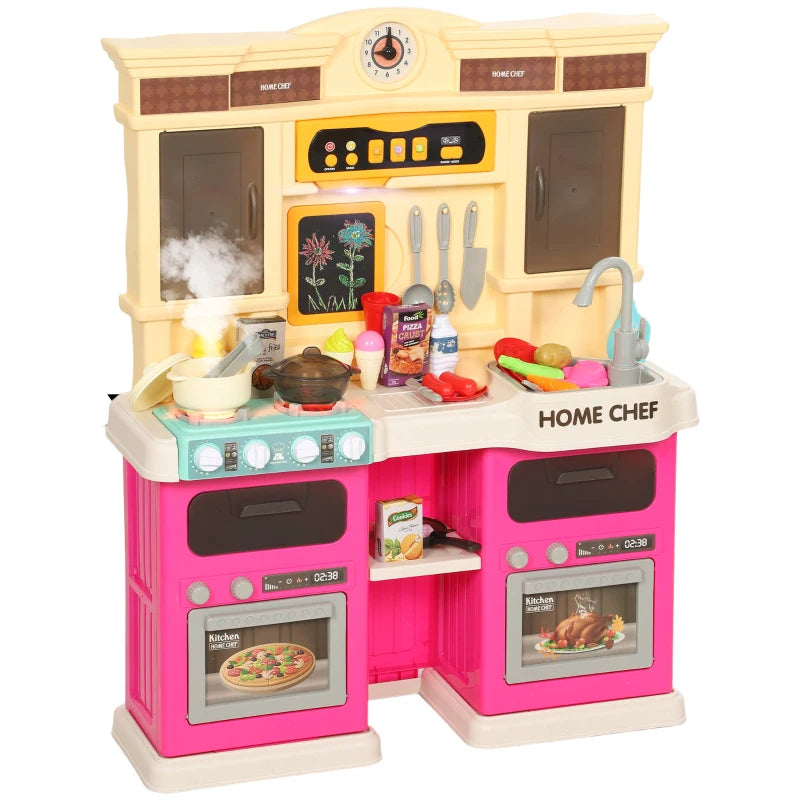 Qaba Play Kitchen Set, Kids Kitchen Playset with Real Lights and Sounds, Sink, Stove, Clock, Accessories, Pink