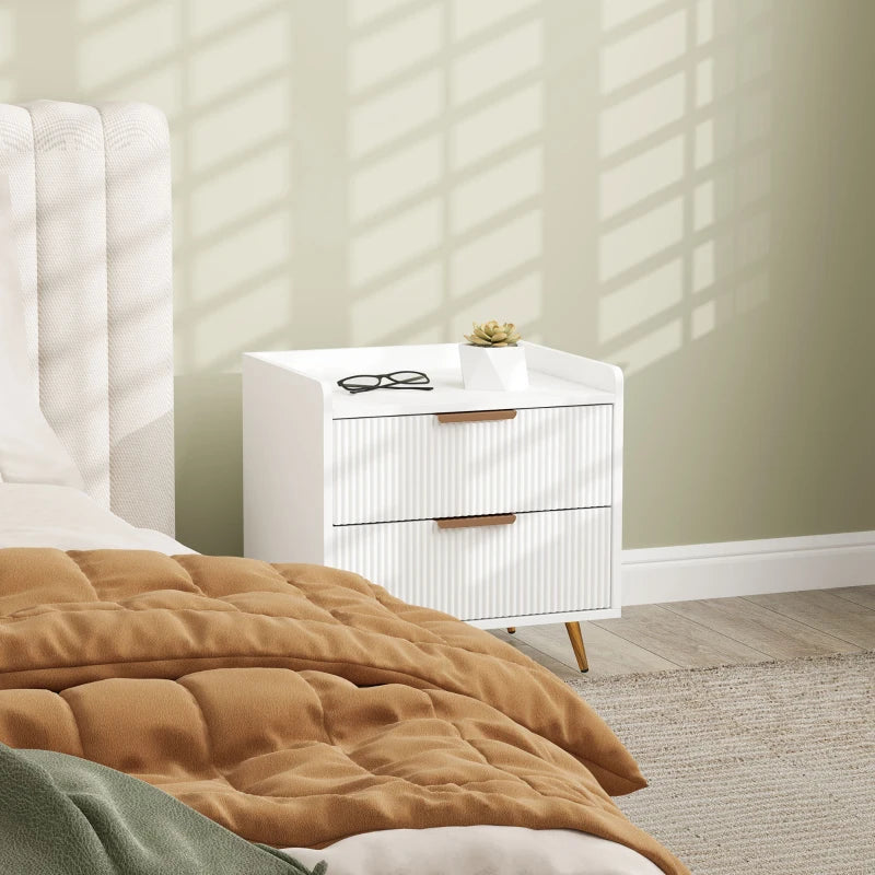Bedside Table, Nightstand with 2 Drawers, Side End Table with Metal Legs for Bedroom, White