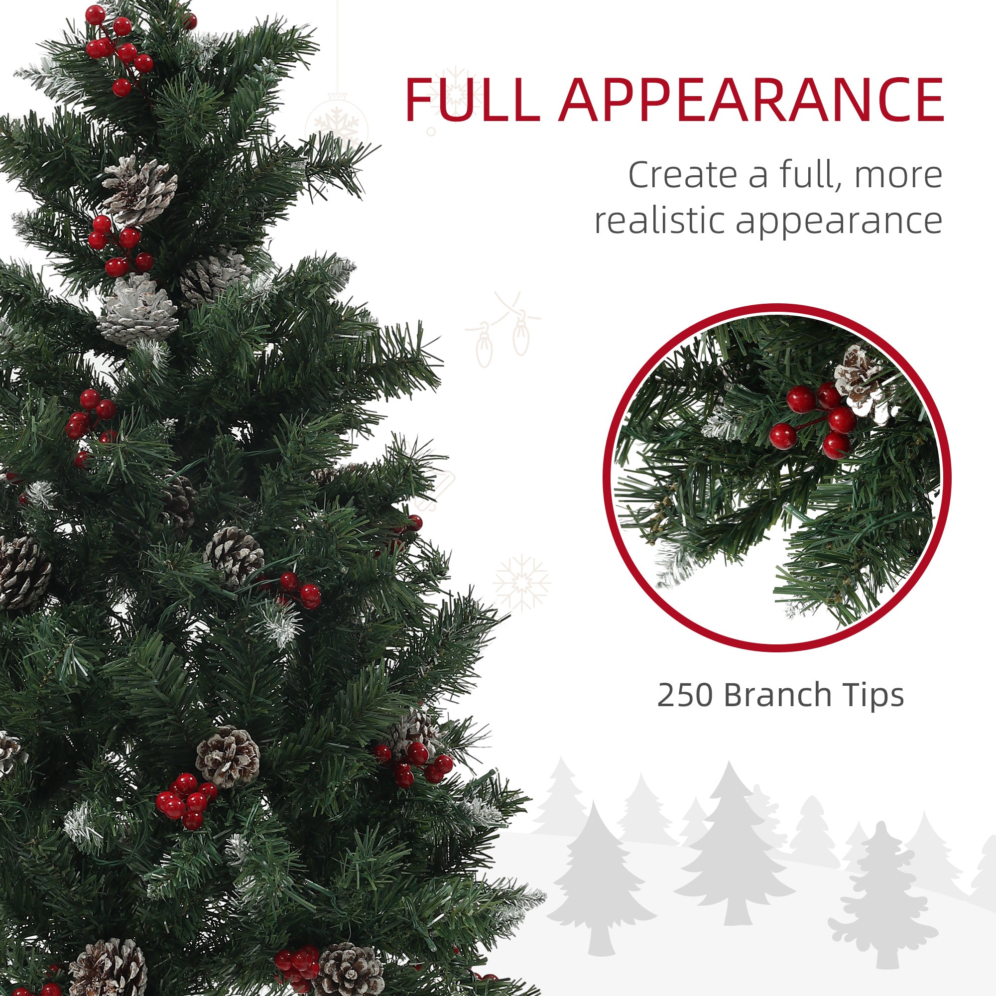 HOMCOM 4FT Pre-Lit Decorated Christmas Tree with Red Berries and Pine Cones Snow Flocked Christmas Tree with LED Lights Green