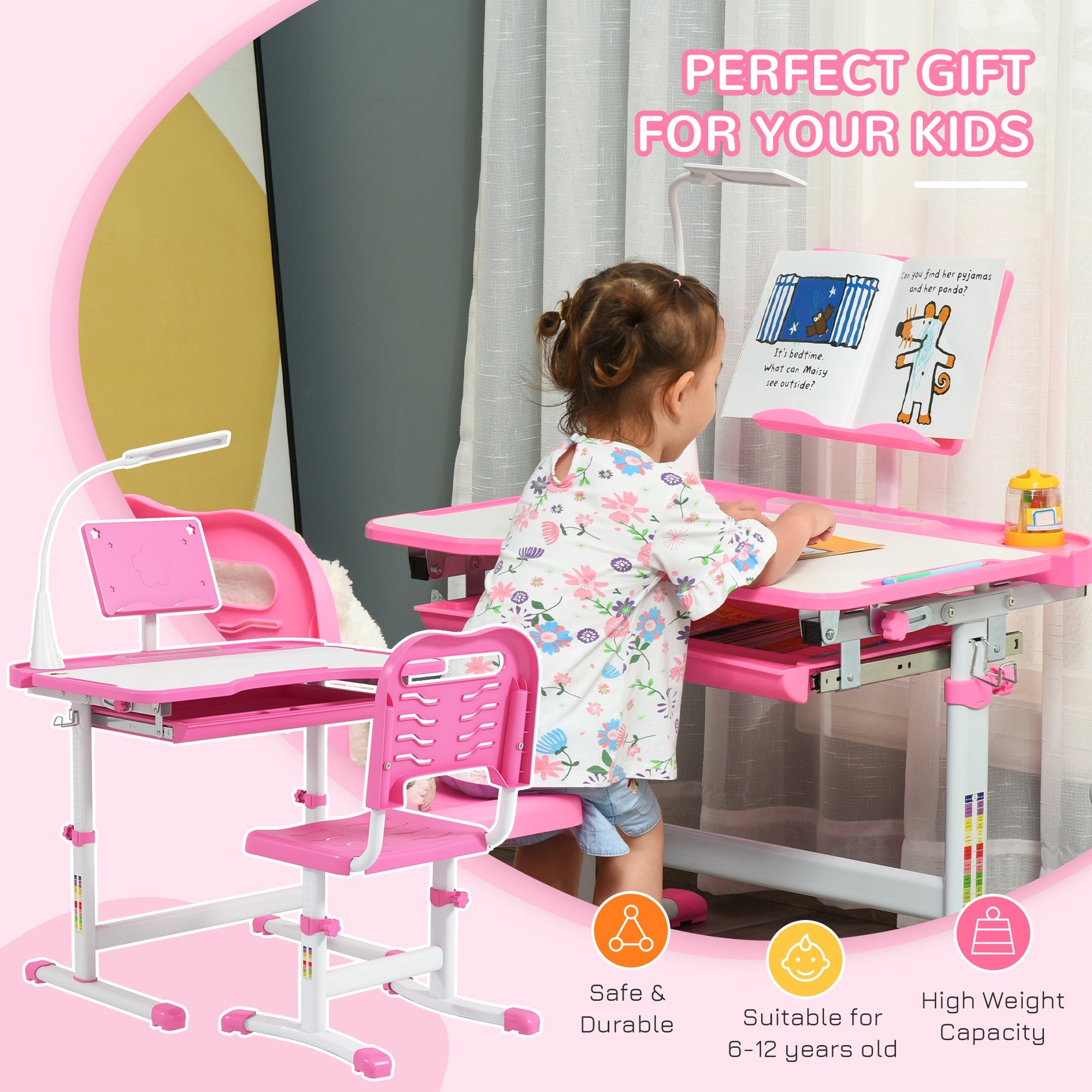 Qaba Kids Desk and Chair Set Height Adjustable Student Writing Desk Children School Study Table with Tilt Desktop, Pink