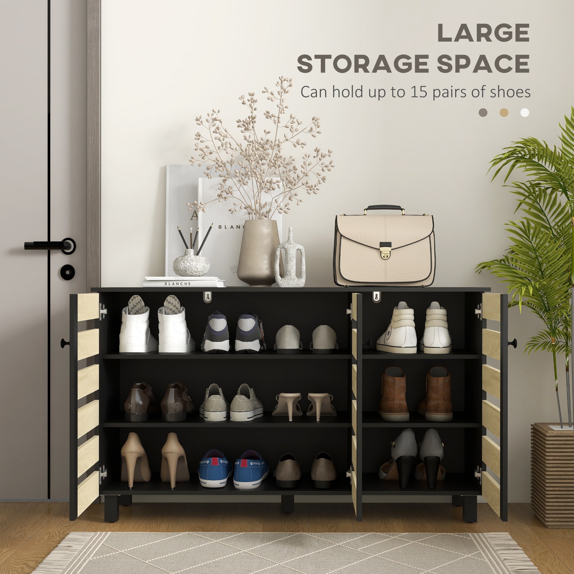 HOMCOM Rustic Shoe Storage Cabinet: 3 Slatted Doors, Adjustable Shelves for 15 Pairs, Entryway Organizer
