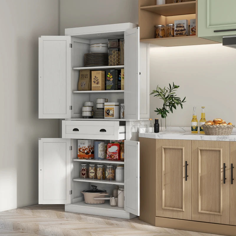 72" Tall Pantry Cabinet, Kitchen Storage Cabinet with 4 Doors, Drawer and 2 Adjustable Shelves, White
