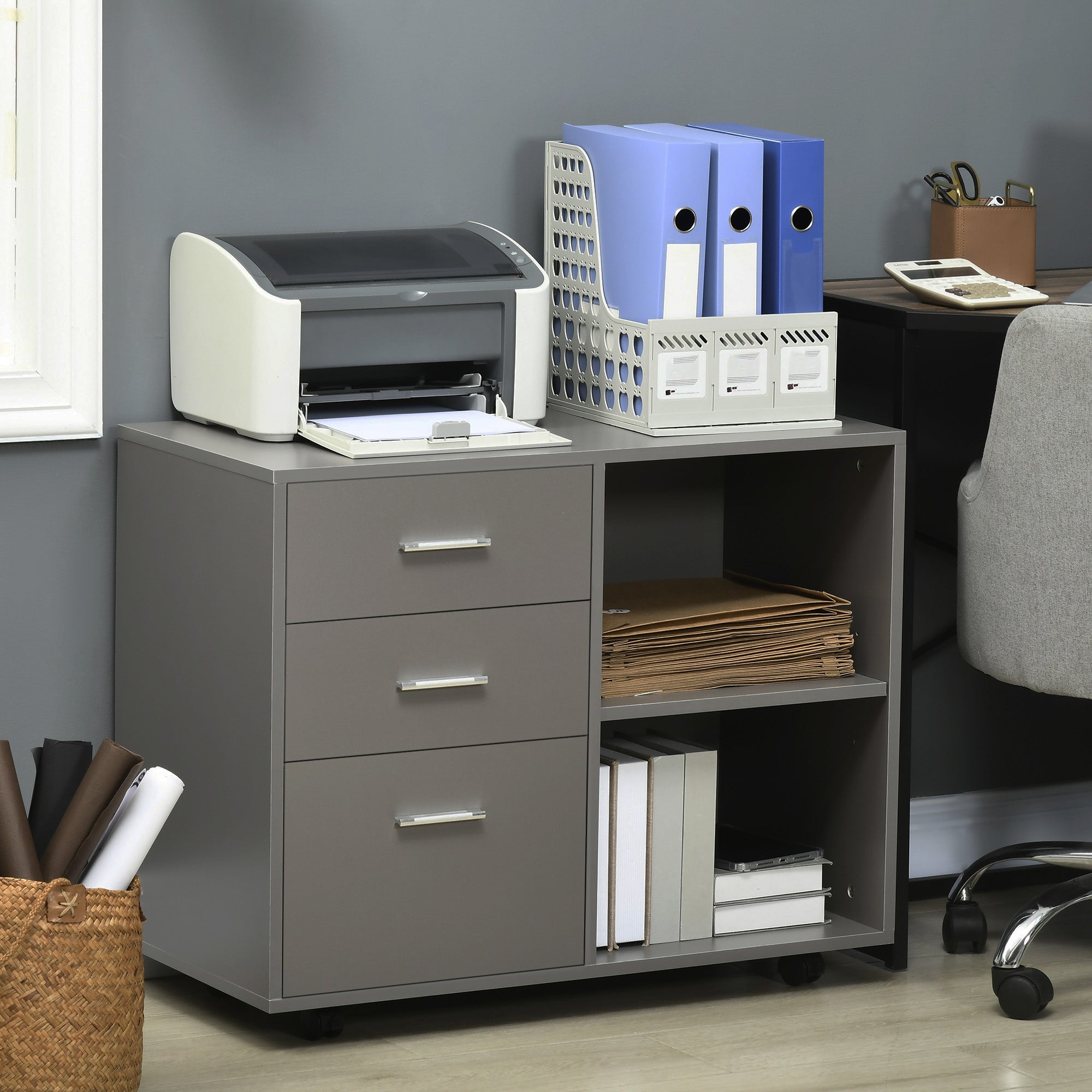 HOMCOM File Cabinet: 3 Drawers, Printer Stand, Open Shelves, Rolling Wheels, Grey, Office Storage